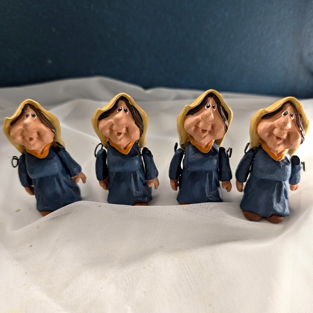 Vintage K Kelly Signed Folk Art Fishermen Figures Set of 4 Blue Coat Yellow Hood